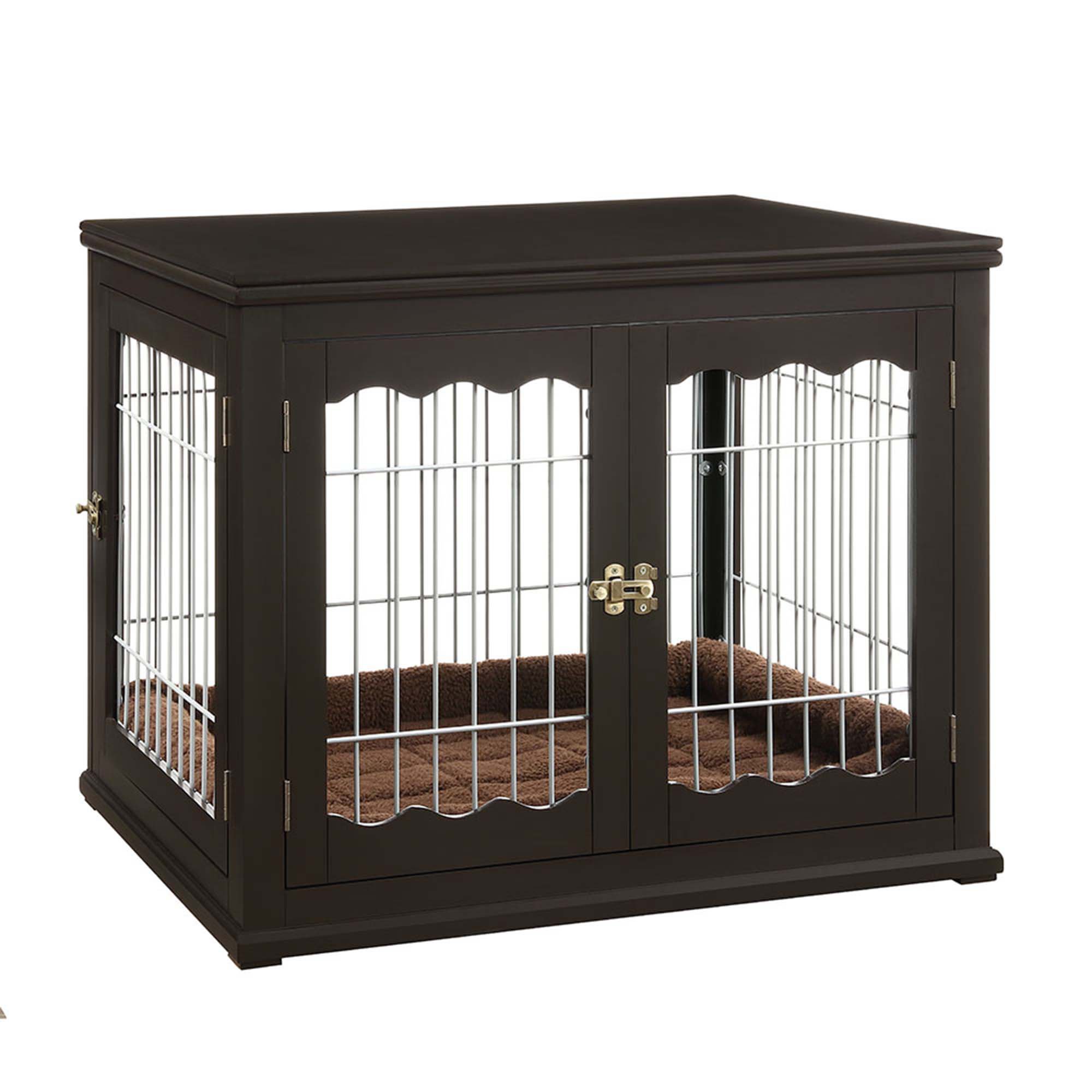 Unipaws Pet Crate with Pet Bed, Wooden Wire Dog Kennel in Espresso, 32" L X 23" W X 26" H, 55 LBS, Brown