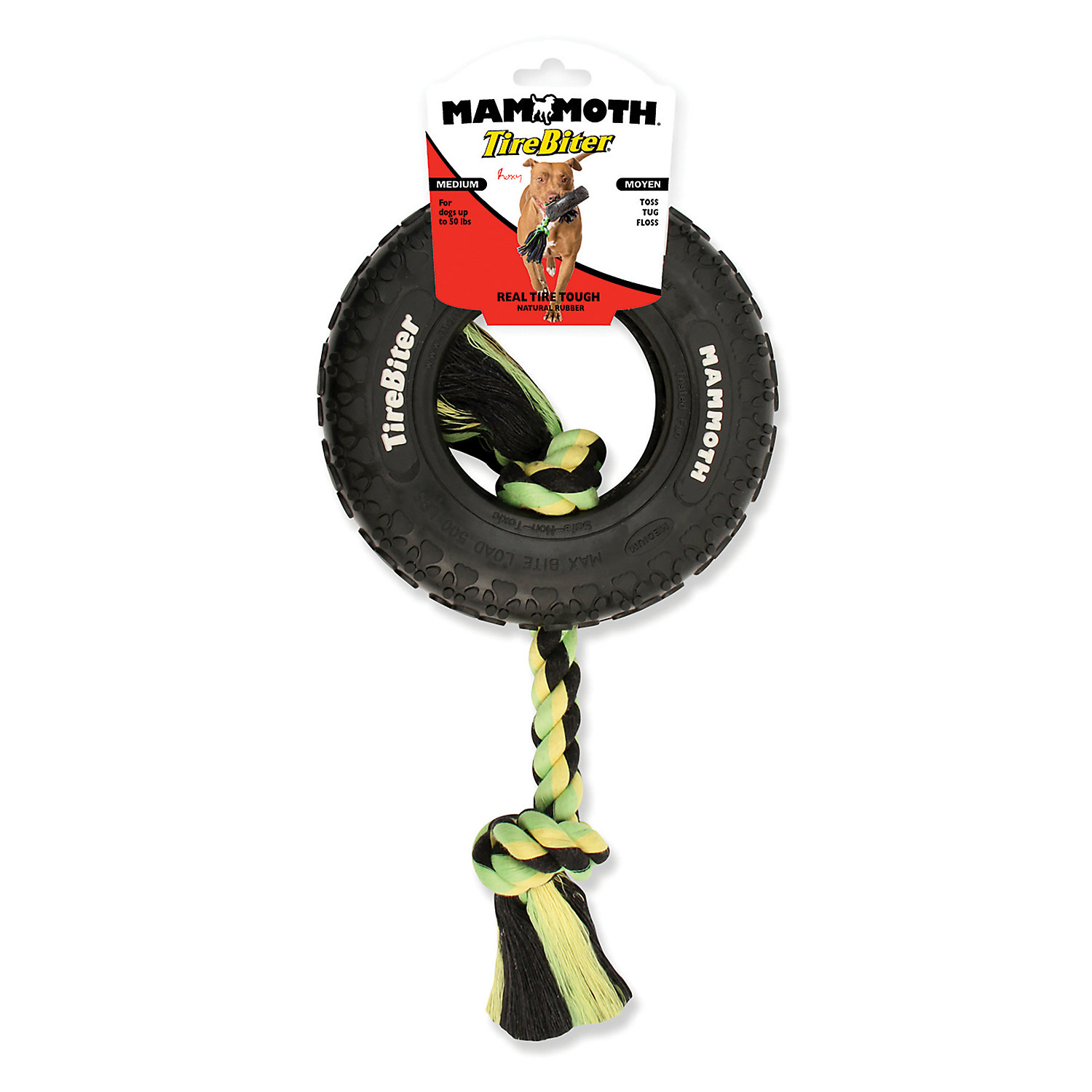 Mammoth Tirebiter With Rope Dog Toy Large Black Mammoth Tirebiter With Rope Dog Toy Large Black